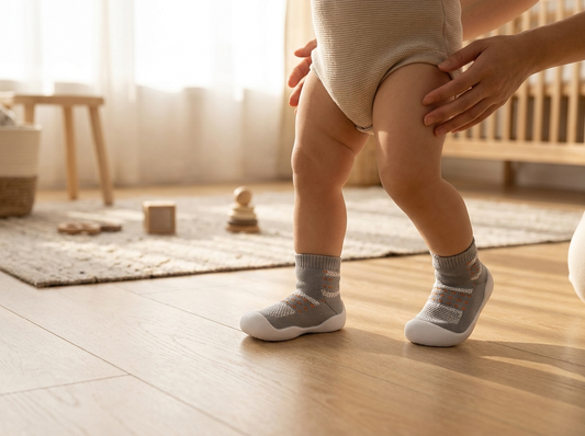 Toddler taking first steps in Tinyyytales sock shoes