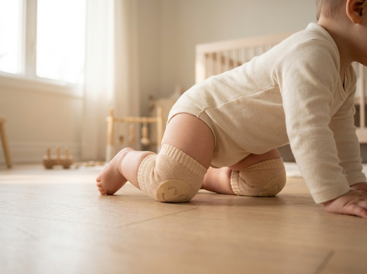 Baby crawling wearing Tinyyytales crawl pads