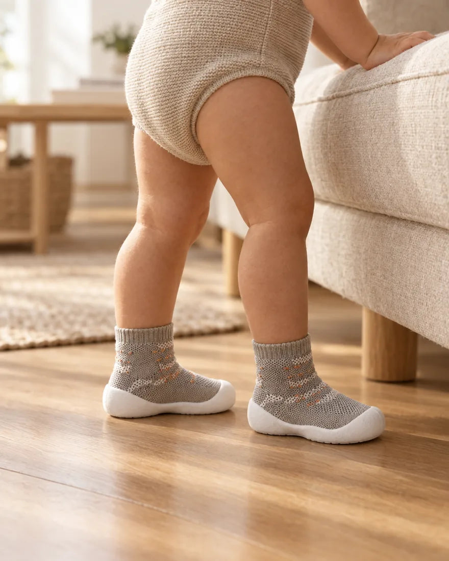 Toddler cruising along a sofa on a wooden floor in sock shoes