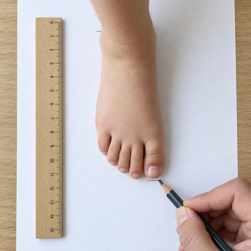 Measuring a toddler's foot on paper with a ruler and pencil