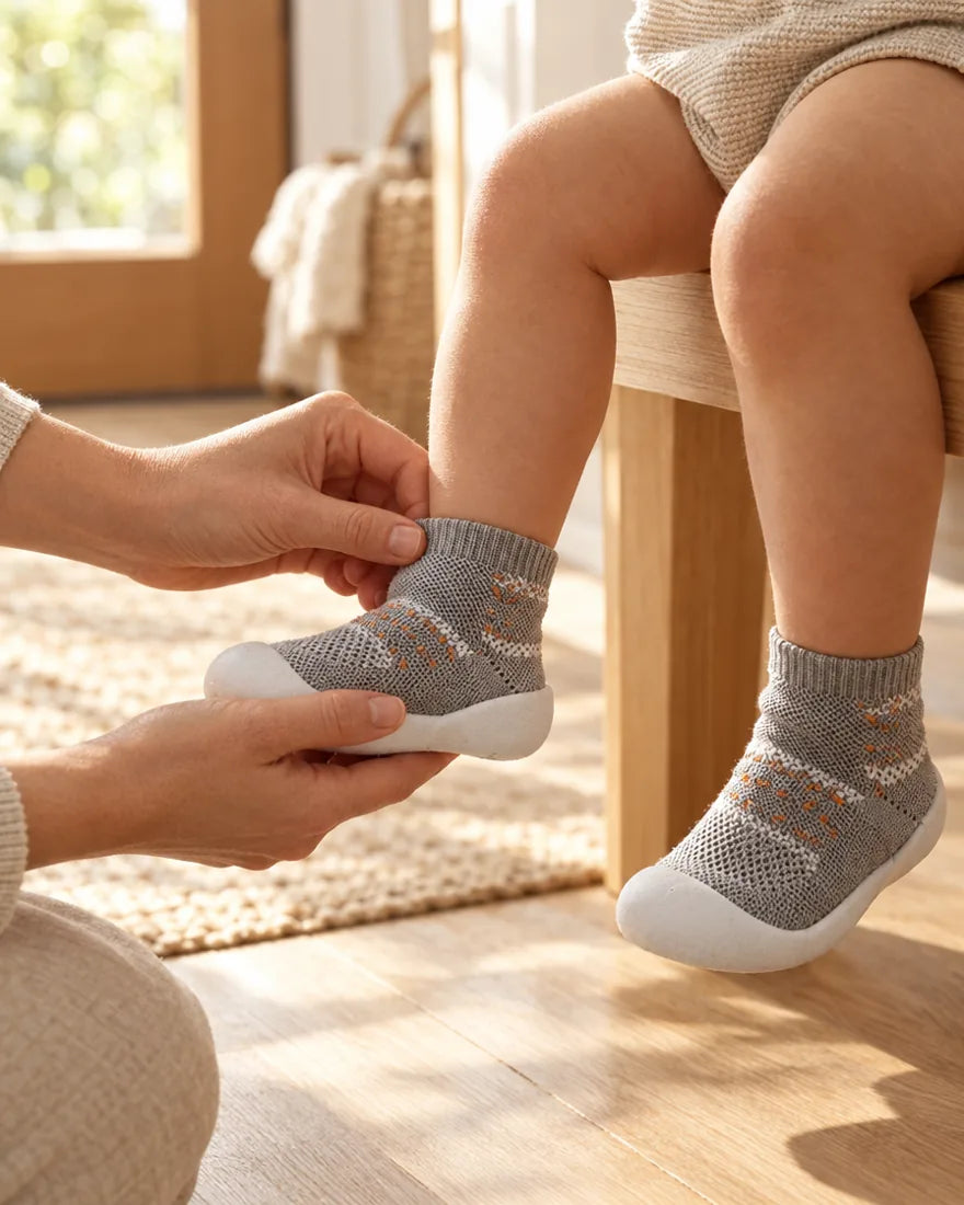 Parent pulling a sock shoe onto a toddler's foot by the front door