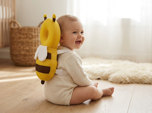 Baby sitting up wearing the Tinyyytales Tumble Guard