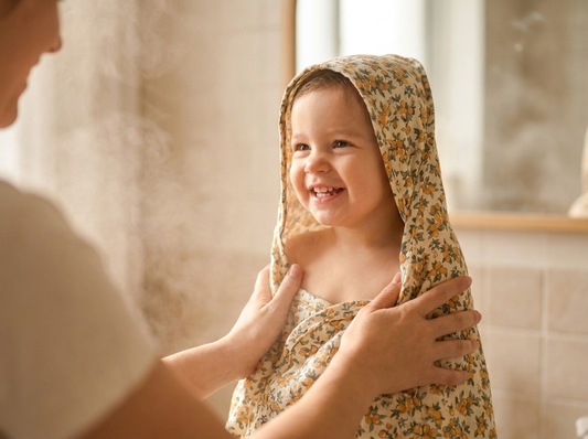 Toddler wrapped in the Tinyyytales hooded towel after a bath