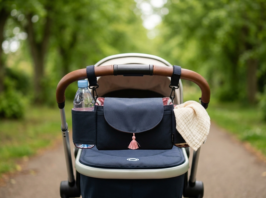 Tinyyytales stroller organiser fitted to a pram handlebar