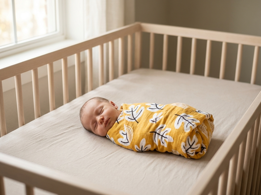 Newborn swaddled on a bare crib mattress, safe sleep setup