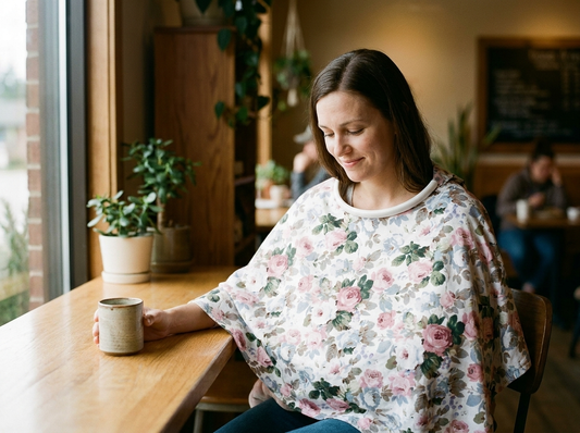 Mother using the Tinyyytales nursing cover in a cafe