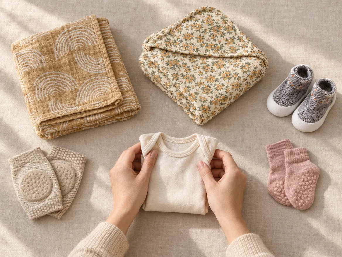 A flat lay of tinyyytales baby essentials
