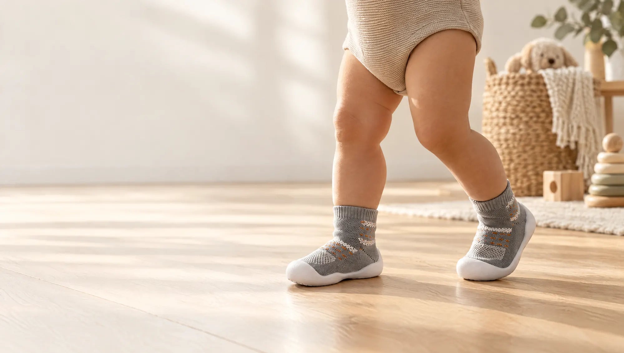 Toddler walking on a wooden floor in tinyyytales sock shoes