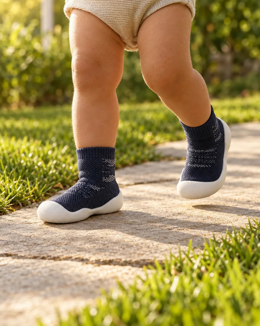 Toddler walking on a dry garden path in Midnight sock shoes